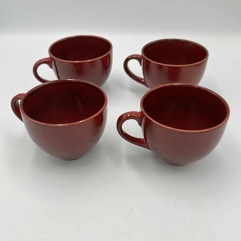 Pier 1 Coffee Mugs Set of 4 Brown‎ 12oz Glossy Stoneware Round Tea Cups Tote N